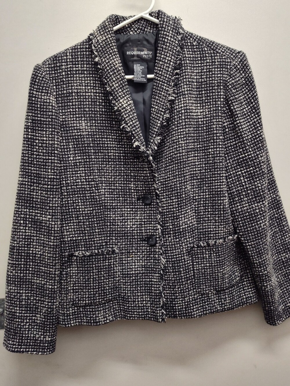 Requirements Petite Black and White Tweed Fringe-Trim Blazer